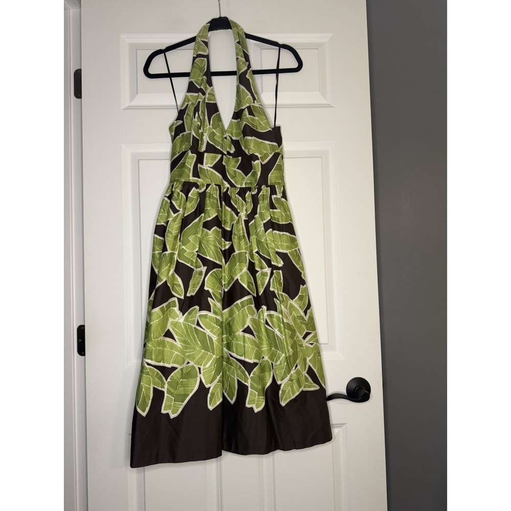 Liz Claiborne Banana Leaf Print Halter Dress Size 6 Green Brown